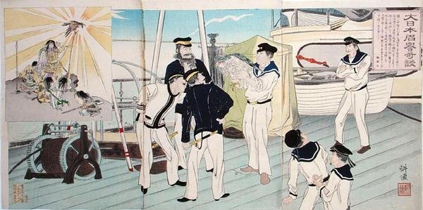 Marinheiros Japoneses Admirando sua Mascote Águia, um episódio da Guerra Sino-Japonesa, final do século XIX (impressão em bloco de madeira colorida) de Japanese School
