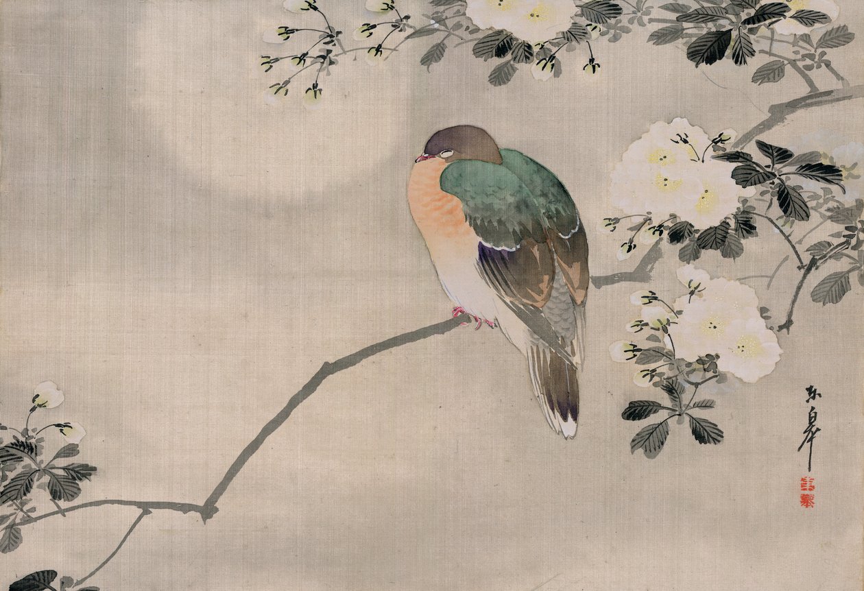 Pintura em Seda Japonesa de um Pombo de Madeira de Japanese School