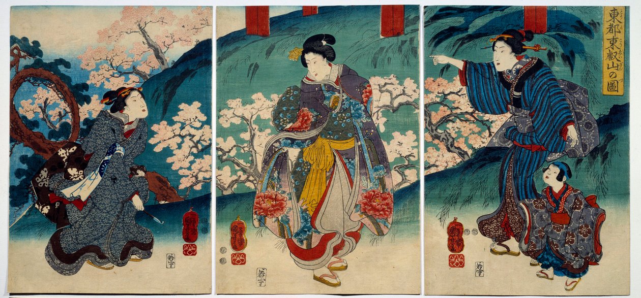 Arte japonesa: as mulheres na primavera. coleção privada impressa do século XIX de Japanese School