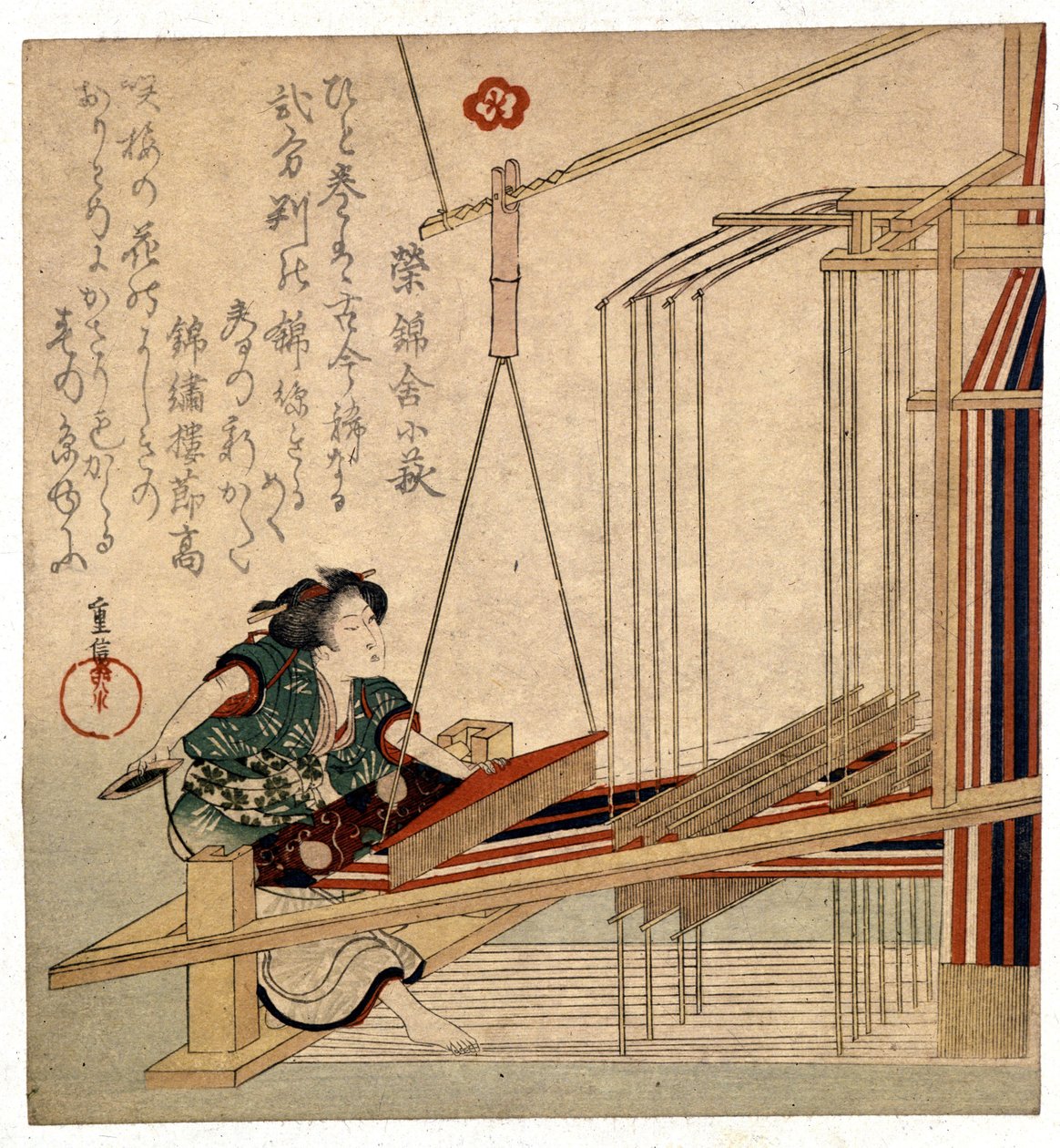 Mulher japonesa com o seu tear, impresso no final do século XIX. Genes. Museo Chiossone de Japanese School