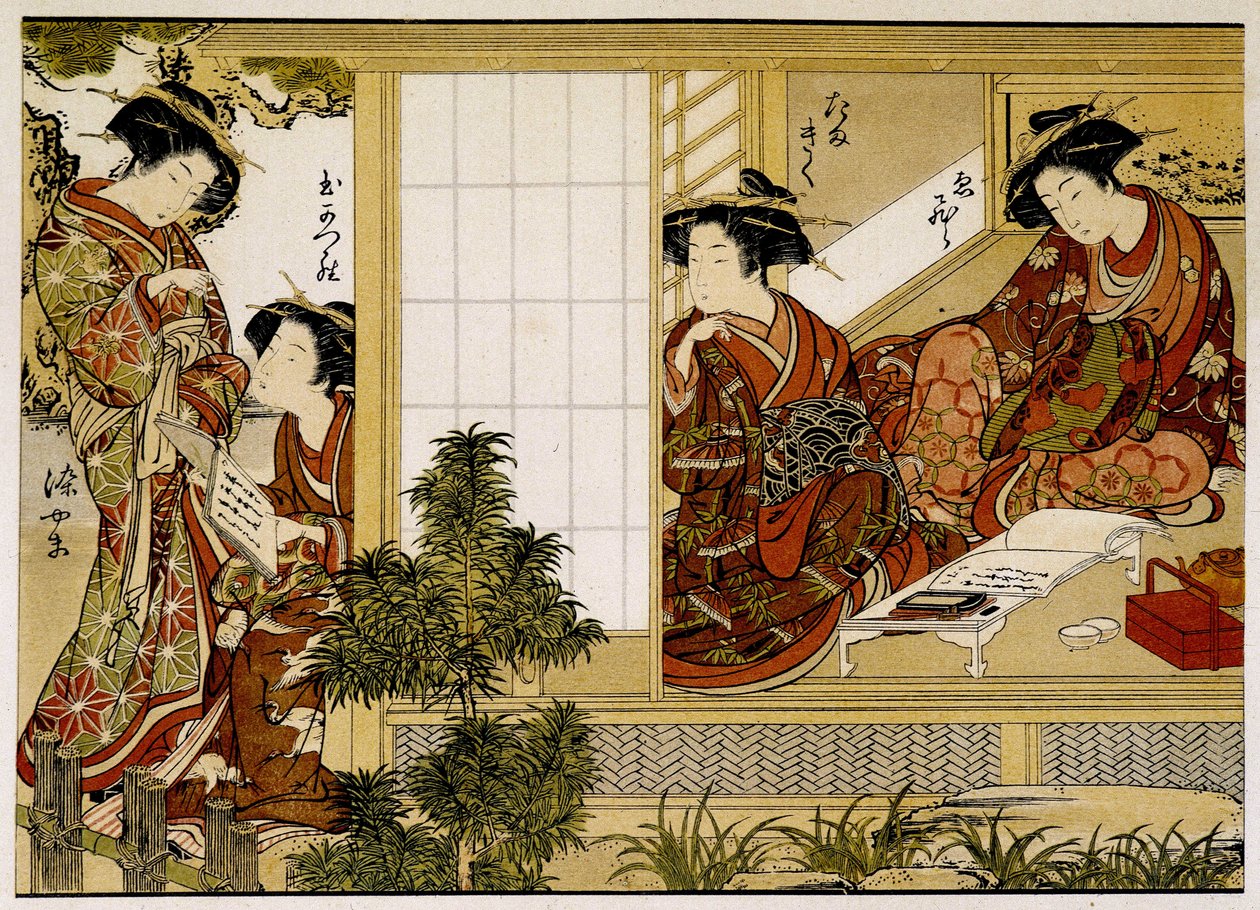 Mulheres japonesas que escrevem e lêem. Impressão do século XVIII. de Japanese School