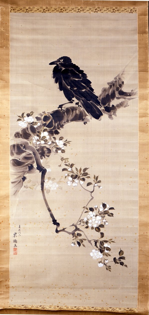 Kakemono (rolo de papel ou seda, alongado em altura) representando um corvo (kabasu), mensageiro dos deuses. Século XVIII. Génova, Museo Chiossone. de Japanese School