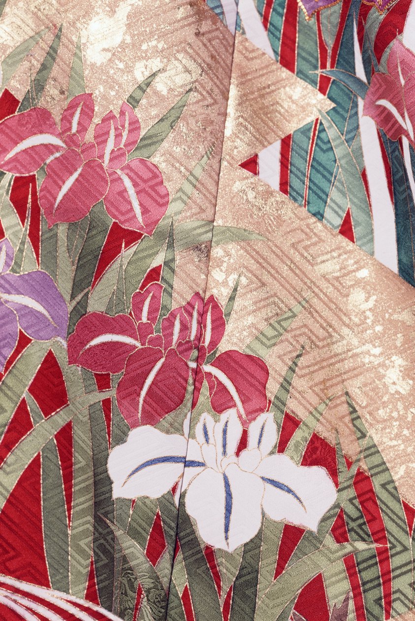 Kimono Furisode (mangas de bico) usado por jovens solteiras em ocasiões elegantes e Maiko (Geisha aprendiz), seda lisa, motivos Hinpaku, íris, detalhe, tingimento Kaga-Yuzen, moinhos de tecelagem Tokamachi, civilização japonesa, século XX de Japanese School