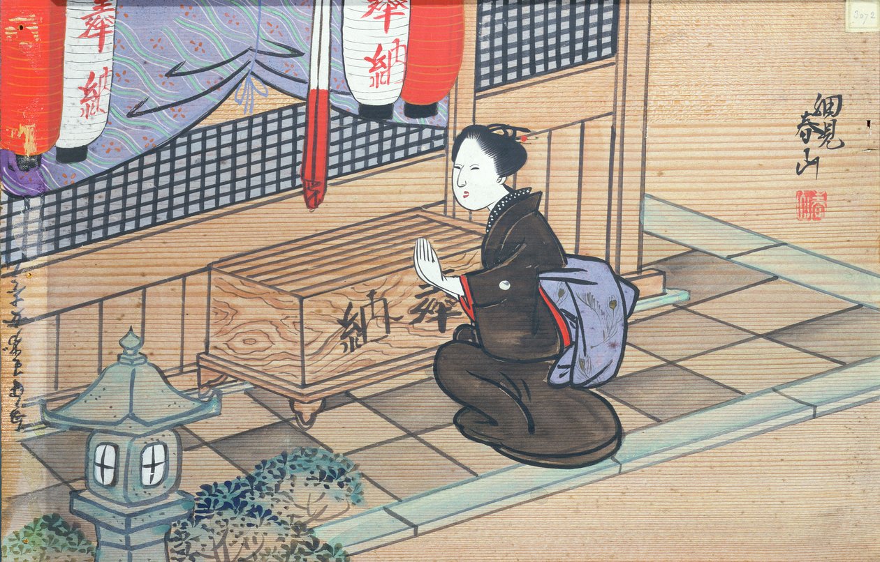 Senhora rezando em um templo xintoísta (guache na madeira) de Japanese School