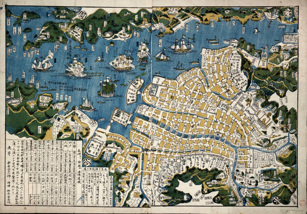 Mapa de Nagasaki, Japão, c.1868 (xilogravura a cores) de Japanese School