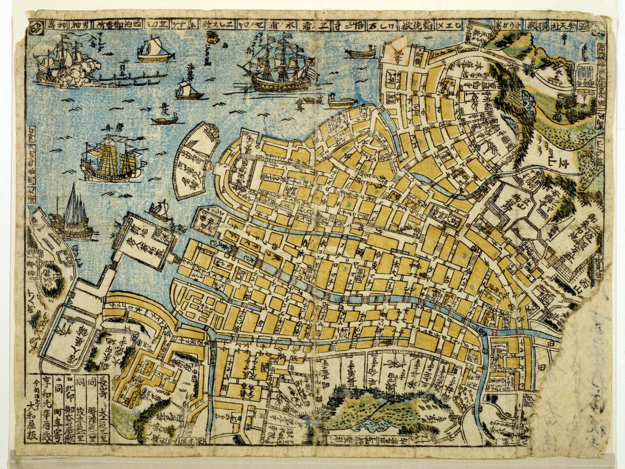 Mapa de Nagasaki, c.1801 (cor xilogravura) de Japanese School