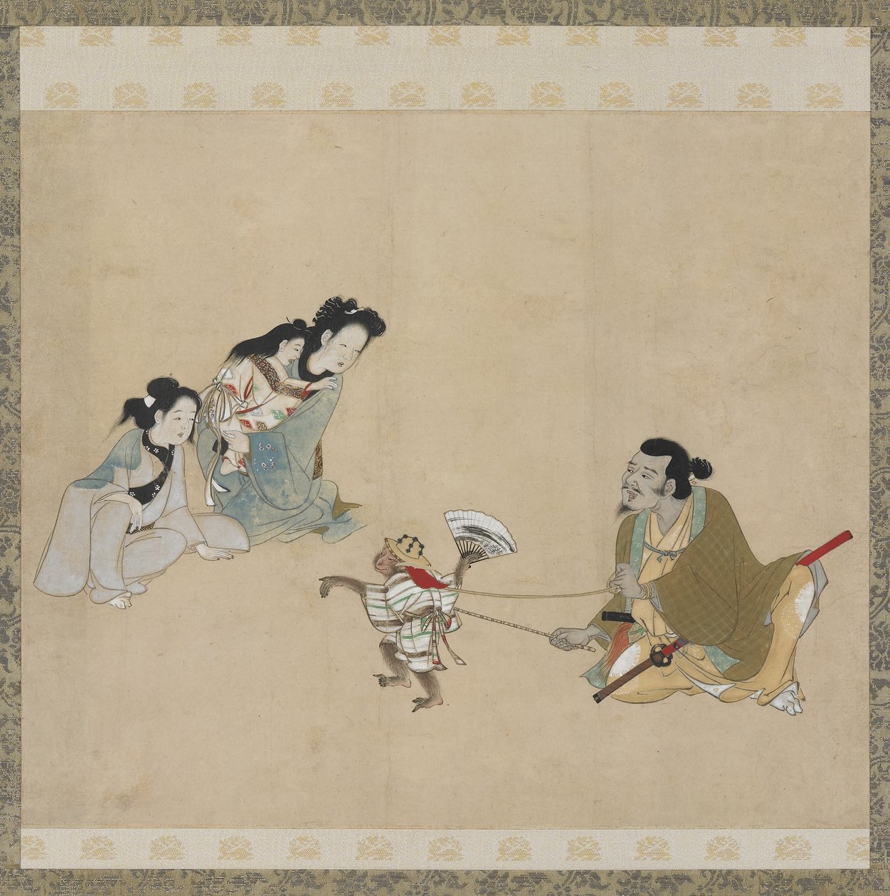 Macaco treinador e macaco realizando uma dança, período Edo (tinta, cor e ouro no papel) de Japanese School