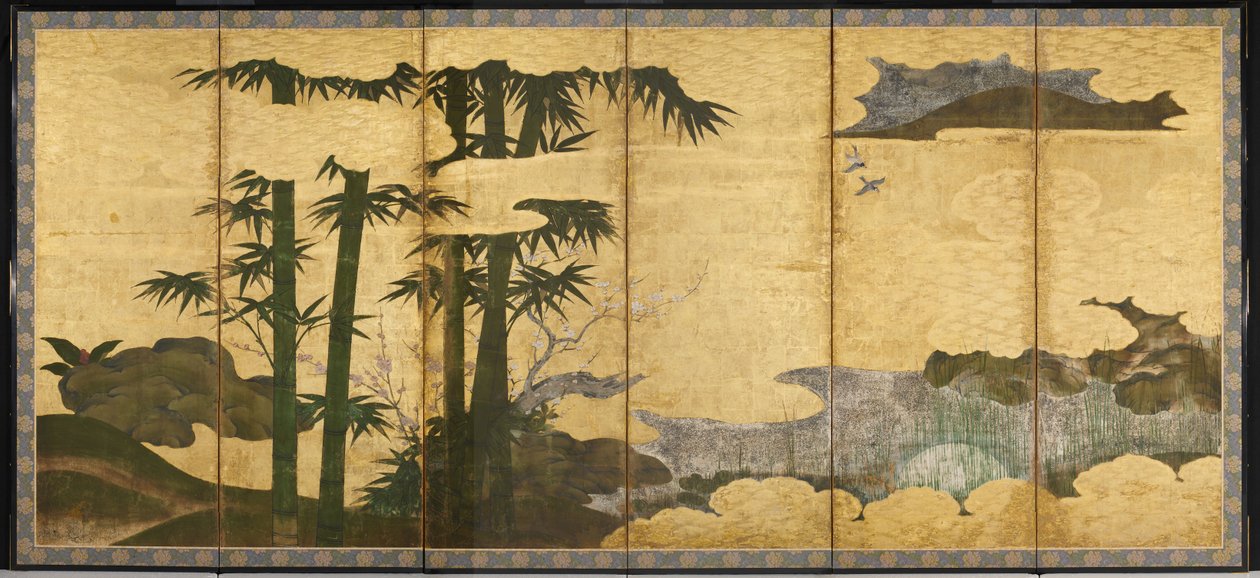 Moonlit Bamboo Grove, início do século XVI (par de seis telas de painel; tinta, cor e ouro
no papel) de Japanese School