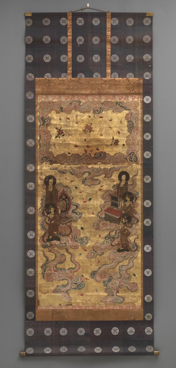 Pintura mural: Descendência de vinte e cinco
bodhisattvas (tratadores da tríade Amitabha),
Século XVIII (Tríptico pergaminhos suspensos: tinta, cor e ouro
folha sobre papel, latão) de Japanese School
