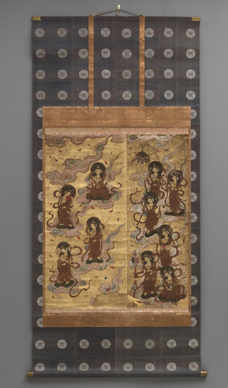 Pintura mural: Descendência de vinte e cinco
bodhisattvas (tratadores da tríade Amitabha),
Século XVIII (Tríptico pergaminhos suspensos: tinta, cor e ouro
folha sobre papel, latão) de Japanese School