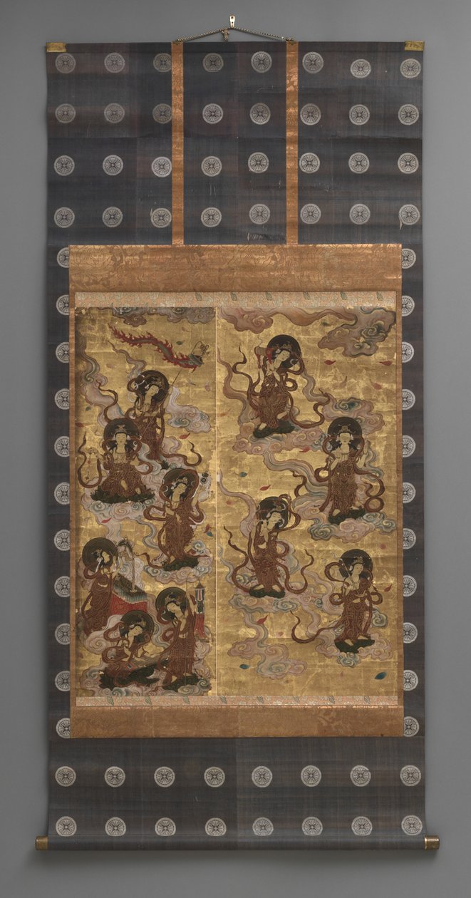 Pintura mural: Descendência de vinte e cinco
bodhisattvas (tratadores da tríade Amitabha),
Século XVIII (Tríptico pergaminhos suspensos: tinta, cor e ouro
folha sobre papel, latão) de Japanese School