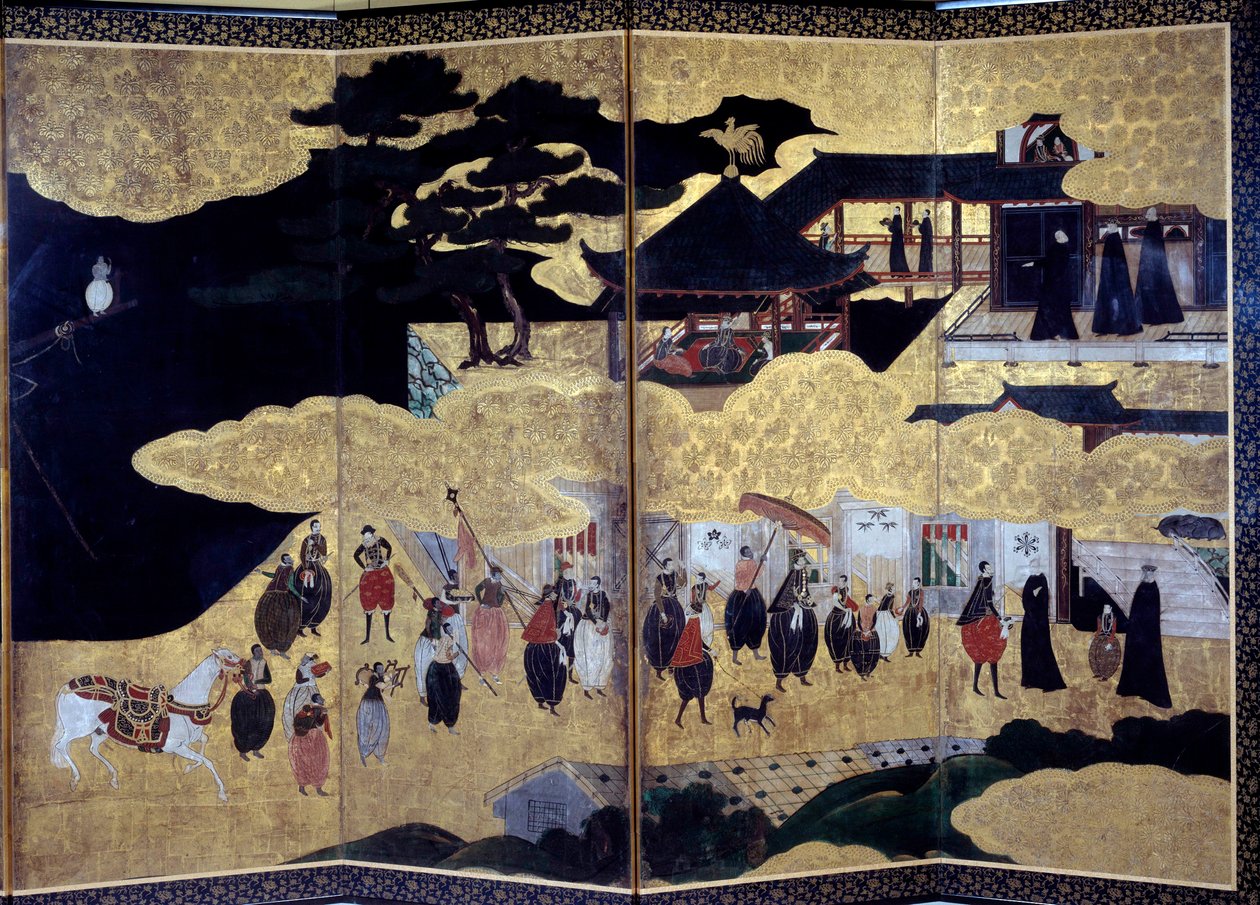 Namban Byobu screen chamado "Português": uma representação da chegada dos missionários jesuítas portugueses ao Japão no século XVI. Realizado pela Escola Kano. Século XVII. Paris, Museu Guimet, Museu Nacional de Artes Asiáticas. de Japanese School