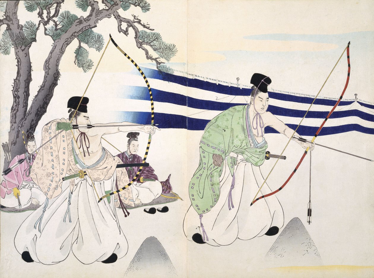 Nobres praticam arco e flecha (detalhe ver 255314), século XIX, de um álbum de xilogravuras, impressão de bloco de madeira de cor de Japanese School