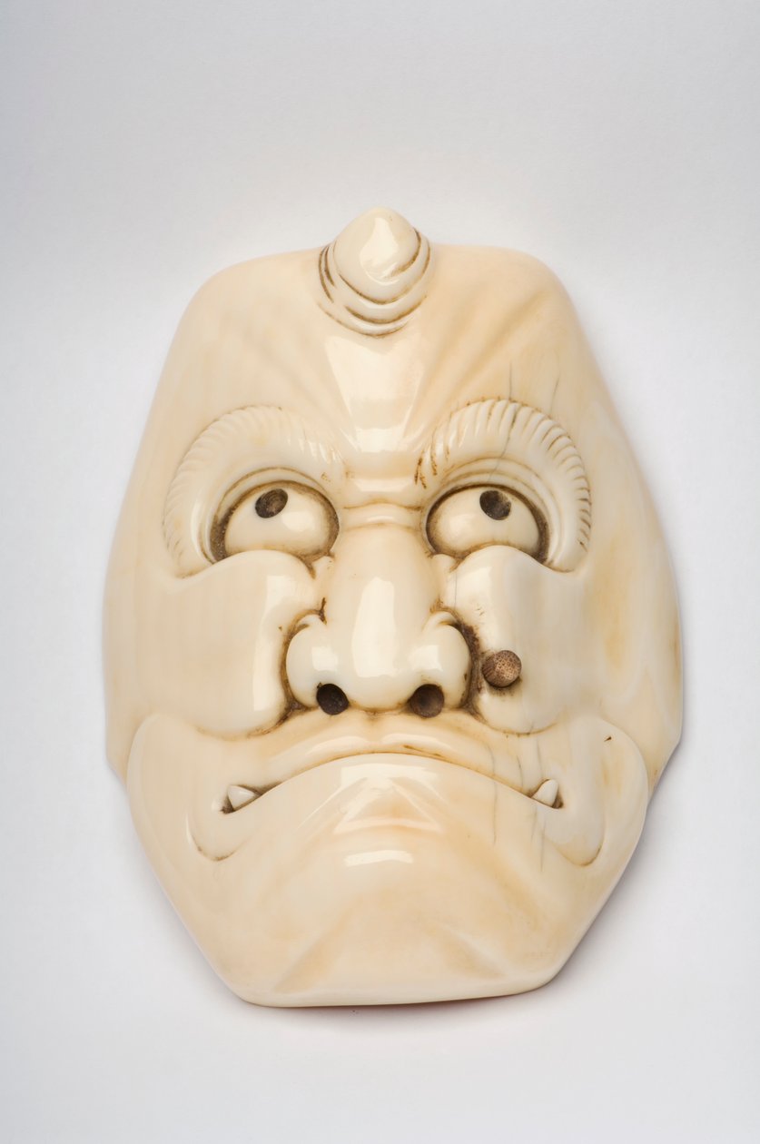 Máscara de Okimono esculpida como personagem do Kabuki ou outro teatro de Japanese School