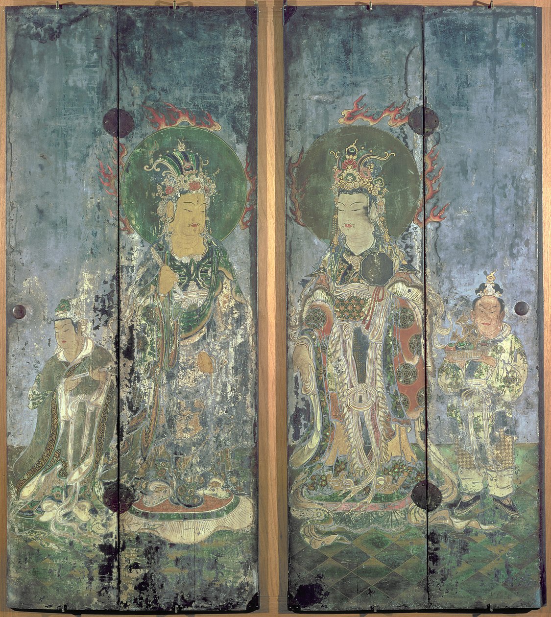 Um de um par de portas de santuário, representando Brahma e Indra ou Bonten e Taishakuten, período Muromachi (madeira policromada e dourada sobre laca) de Japanese School