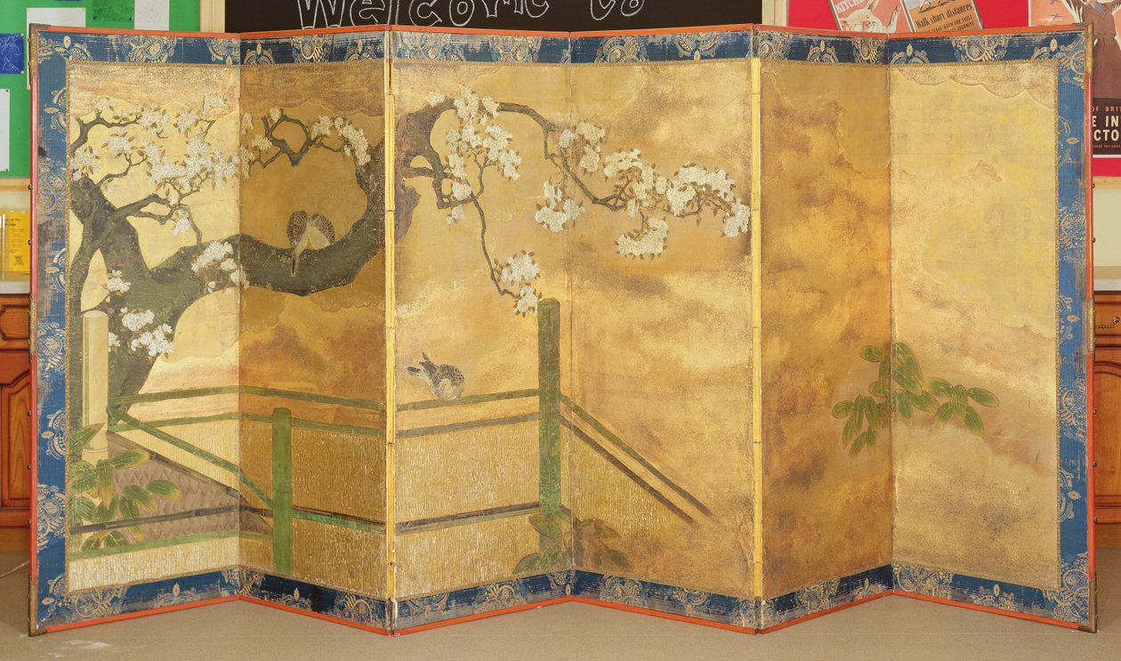 Um de um par de telas pintadas, japonês, final do século 17 ou início do século 18 (ver 144895 para par) de Japanese School