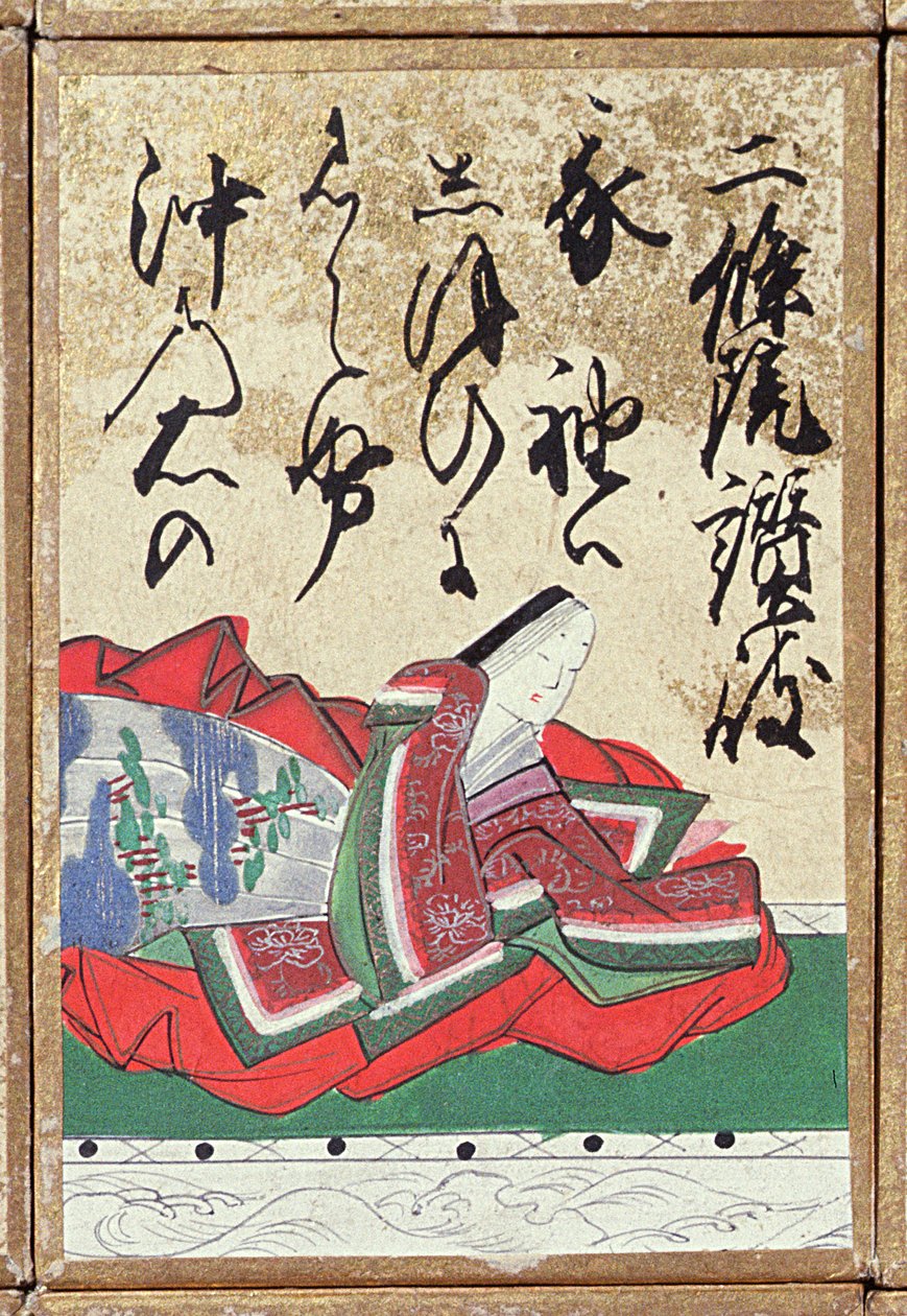 Um de um conjunto de cartas de baralho com 100 poetas e poemas, vendidos na Exposition Universelle em Paris em 1867 de Japanese School