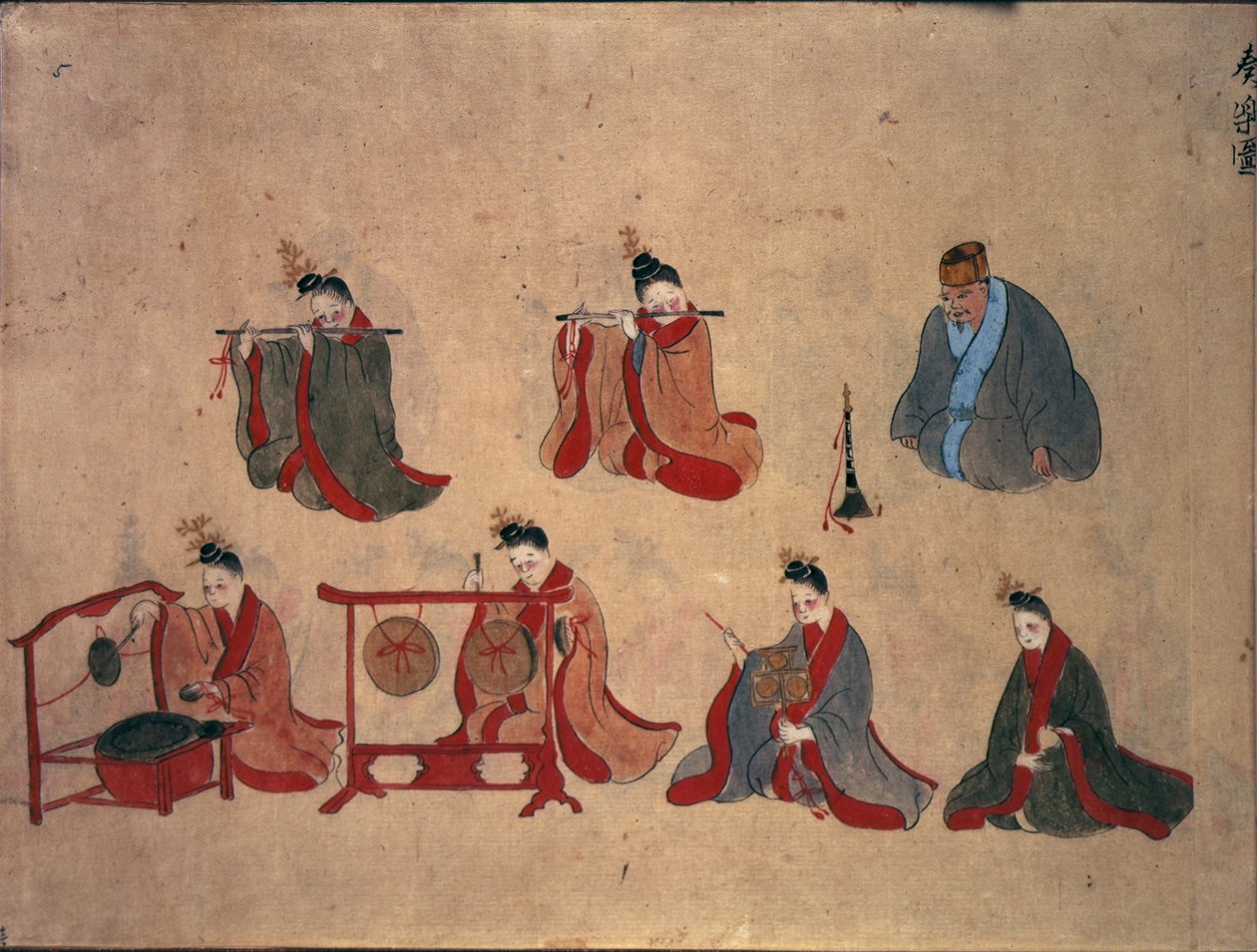 Ou.961 fol.5 Sete músicos sentados, das actuações musicais de Ryukyu, c.1800-50 (caneta e tinta e aguarela sobre papel) de Japanese School
