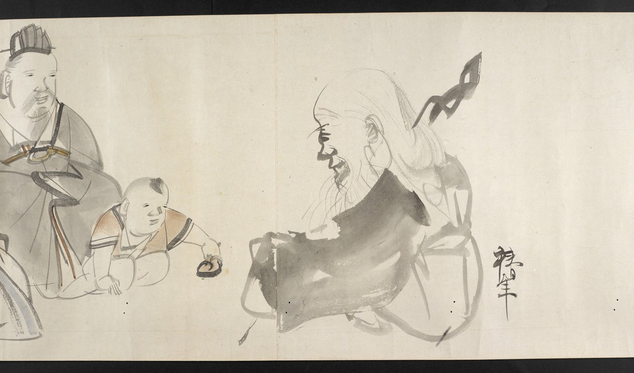 Ou. 14872, f.30 Dois adultos e uma criança, de Yoshida Seisai (rolo de mão) de Japanese School