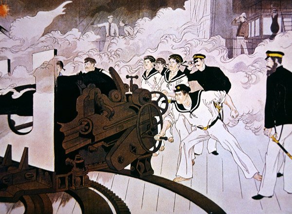 Pintura de artilheiros navais japoneses em ação durante a Batalha do Rio Yalu em setembro de Japanese School