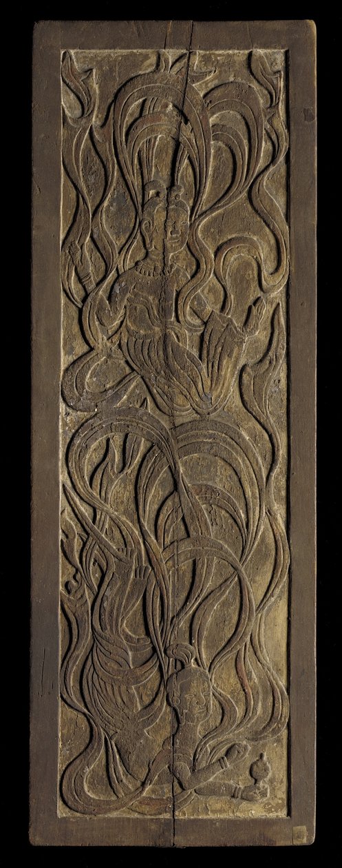 Painel com escultura em baixo relevo de apsaras budistas (madeira) de Japanese School