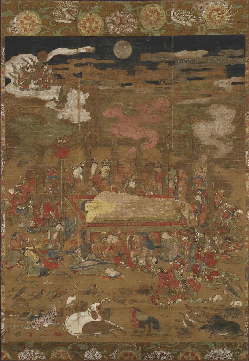 Parinirvana de Sakyamuni, o Buda Histórico (tinta, cor e ouro em seda) de Japanese School