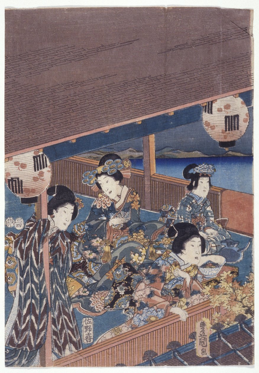 Parte do Tríptico de Genji (xilogravura a cores) de Japanese School