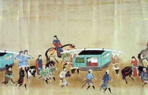 Parte da Sexta Embaixada da Coreia no Japão na época da sucessão de Tokugawa Ietsuna em 1651, possivelmente por Kano Masunobu (1625-94) 1655-57 (pintura scroll) (ver também 120824) de Japanese School