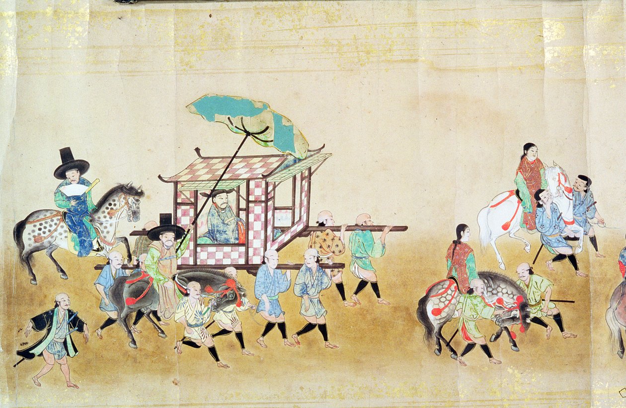 Parte da Sexta Embaixada da Coreia no Japão na época da sucessão de Tokugawa Ietsunas em 1651, possivelmente por Kano Masunobu (1625-94) 1655-57 (pintura de rolagem) de Japanese School