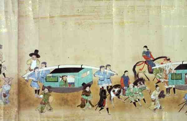Parte da Sexta Embaixada da Coreia no Japão em Meireki 1 na época da sucessão de Tokugawa Ietsuna em 1651, possivelmente por Kano Masunobu (1625-94) 1655-57 (pintura scroll) de Japanese School