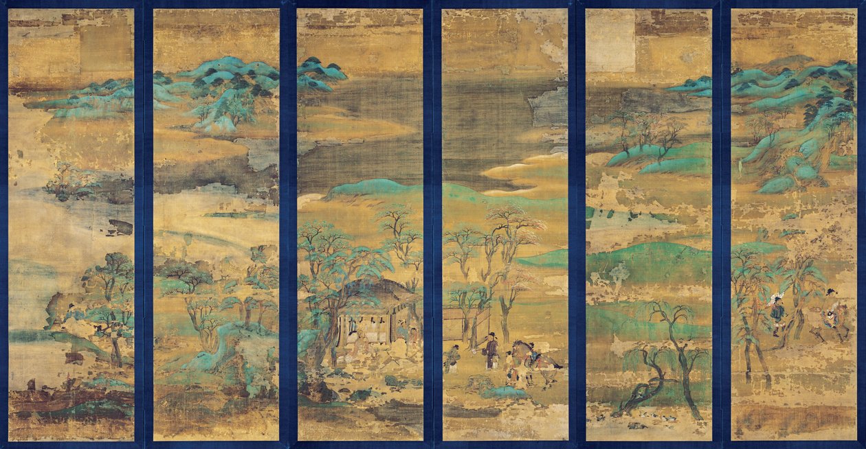 Tela (Paisagem) Pagamento em seis painéis - Trabalho anónimo, guache em seda de Japanese School