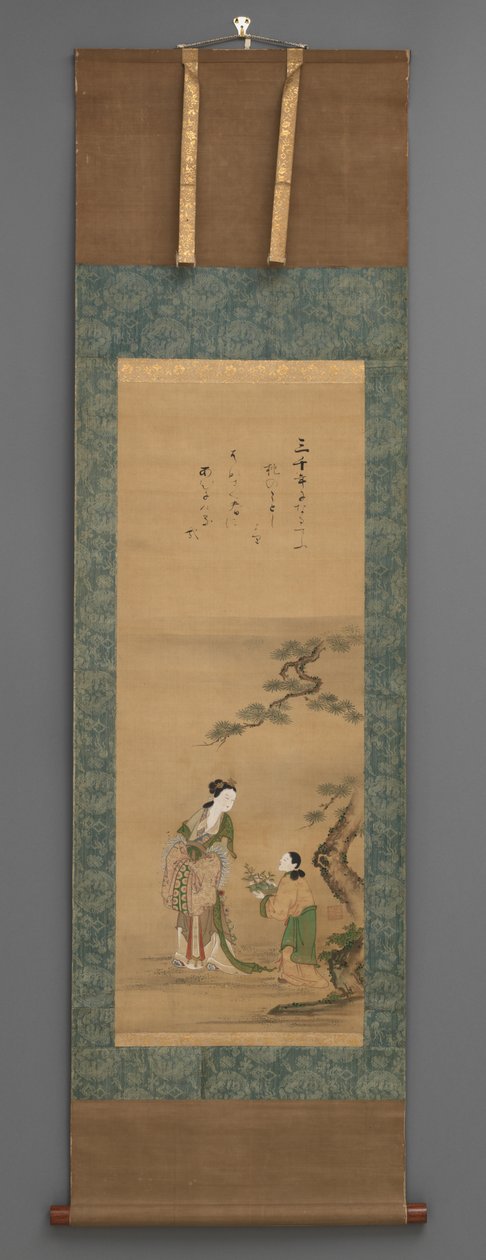 Pêssego Mãe e Atendente por Pine Tree,
início do século XIX (aguarela com puxadores de madeira) de Japanese School