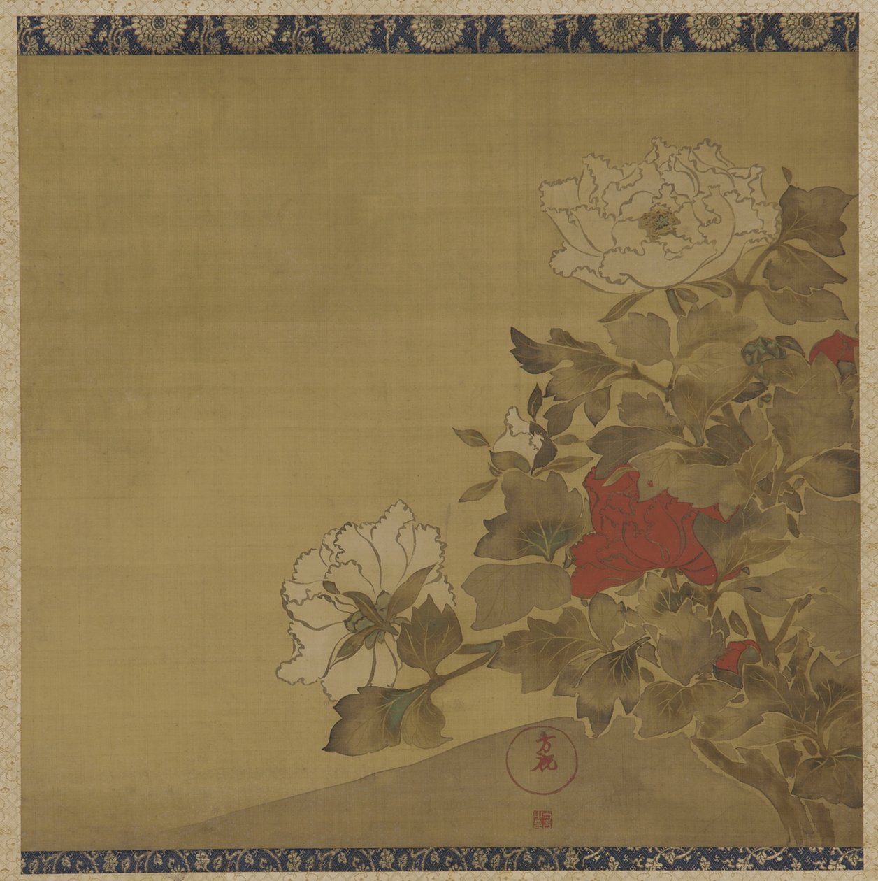 Peônias, período Edo (tinta e cor na seda) de Japanese School