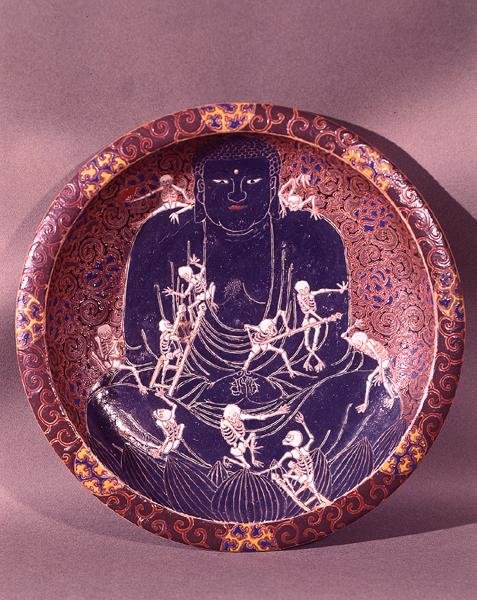 Placa representando Buda com dez esqueletos (cerâmica) (ver também 182440) de Japanese School