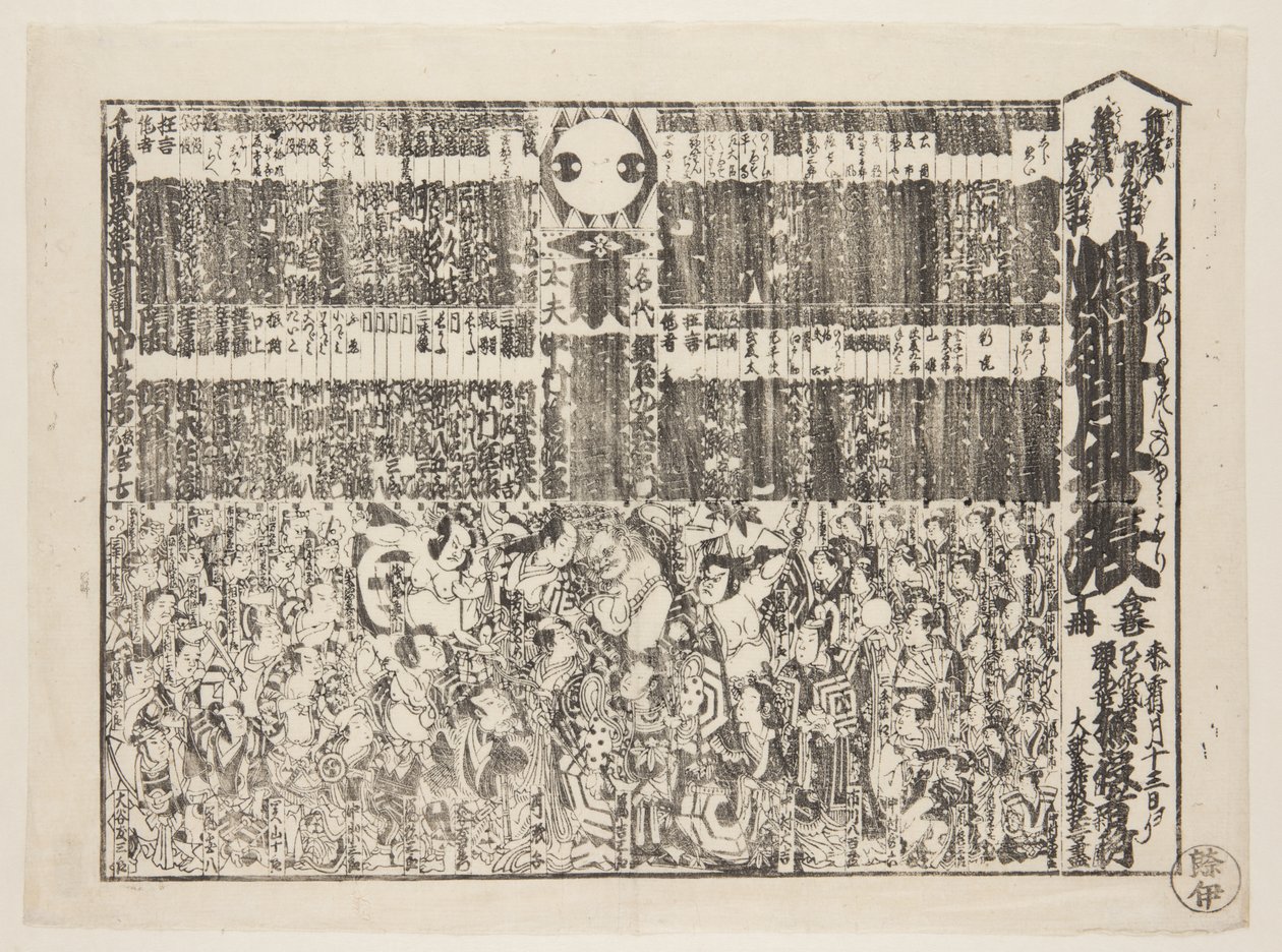 Playbill for Season-opening Programme (Kaomise banzuke) (impressão a cores de bloco de madeira) de Japanese School