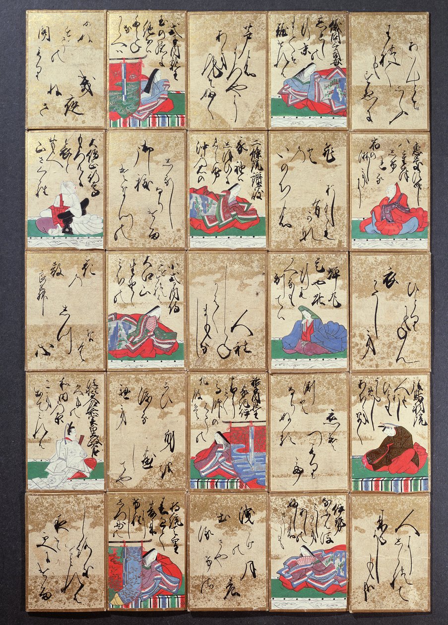 Cartas de jogar com 100 poetas e poemas, vendidos na Exposition Universelle em Paris em 1867 (caneta e tinta no papel) de Japanese School