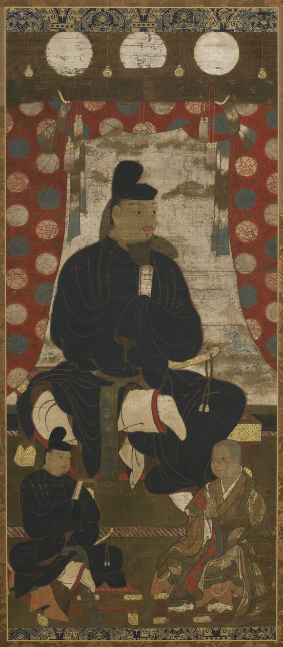 Retrato de Fujiwara no Kamatari (614-669) acompanhado por dois filhos, período Muromachi (tinta, cor e ouro sobre seda) de Japanese School
