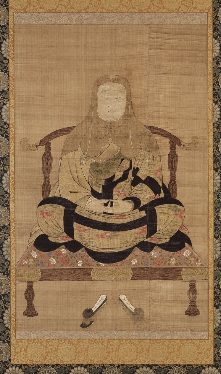 Retrato de Tendai Daishi, período de Nanbokucho (tinta, cor e ouro em seda) de Japanese School