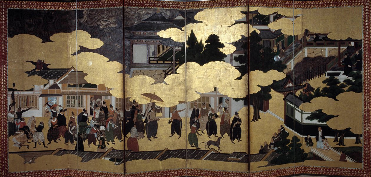 Ecrã "português": uma representação da chegada dos missionários jesuítas portugueses ao Japão, no século XVI. Realizado pela Escola de Kano (?). 1593-1600. Museu de Arte Antiga de Lisboa de Japanese School