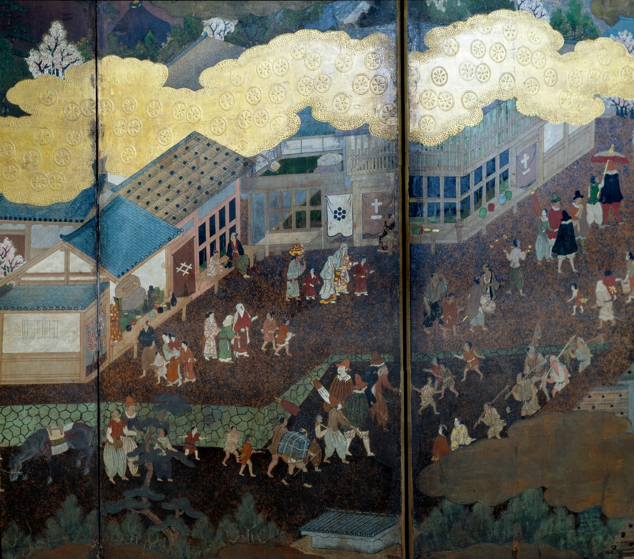 Ecrã "português": uma representação da chegada dos missionários jesuítas portugueses ao Japão, no século XVI. Detalhe. Realizado pela Escola de Kano (?). 1593-1600. Museu de Arte Antiga de Lisboa de Japanese School