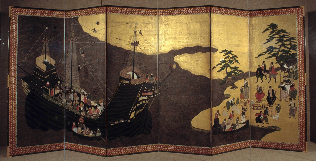 Ecrã "português" representando a chegada dos missionários Jesuítas portugueses ao Japão no século XVI. 1590-1614. Escola Kano (?) Lisboa. Museu Nacional de Arte Antiga de Japanese School