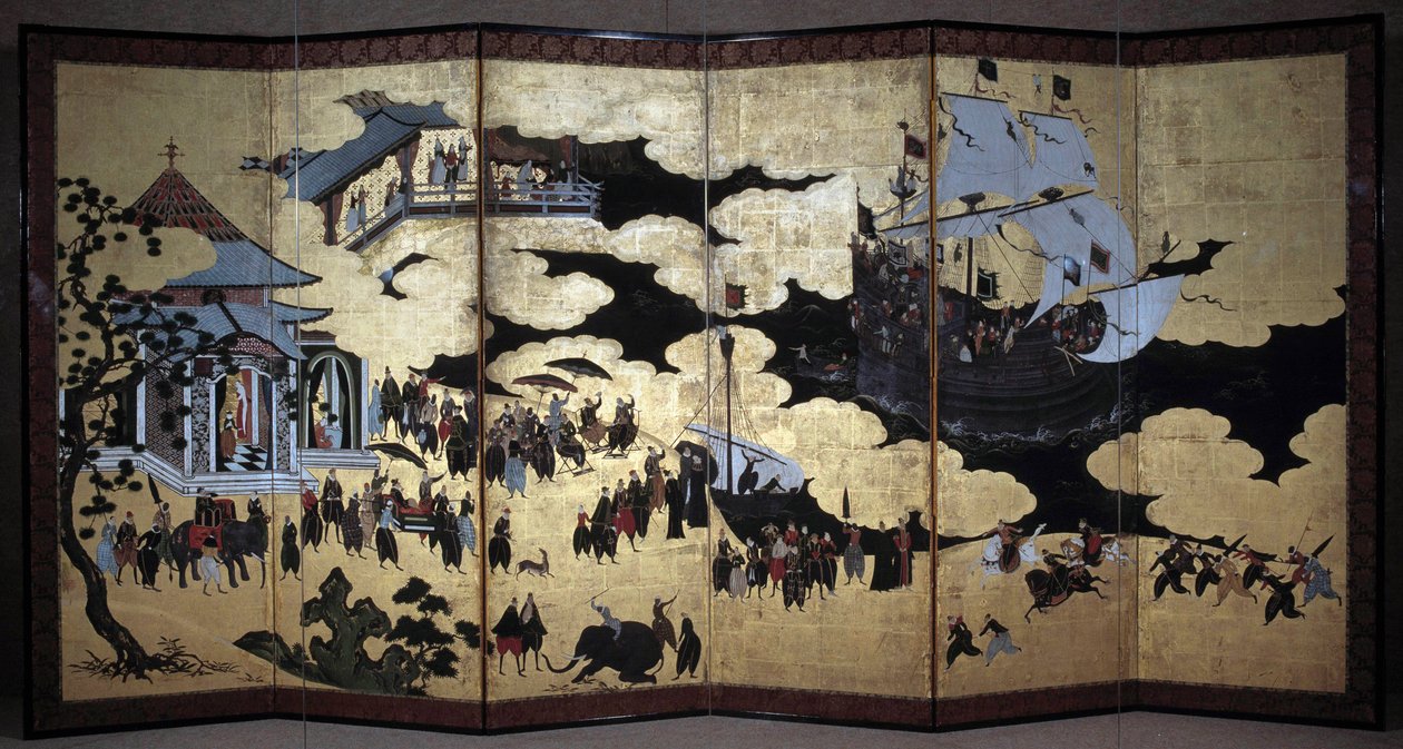 Ecrã "português" representando a chegada dos missionários jesuítas portugueses ao Japão, no século XVI. 1590-1614. Escola Kano (?) Lisboa. Museu Nacional de Arte Antiga de Japanese School