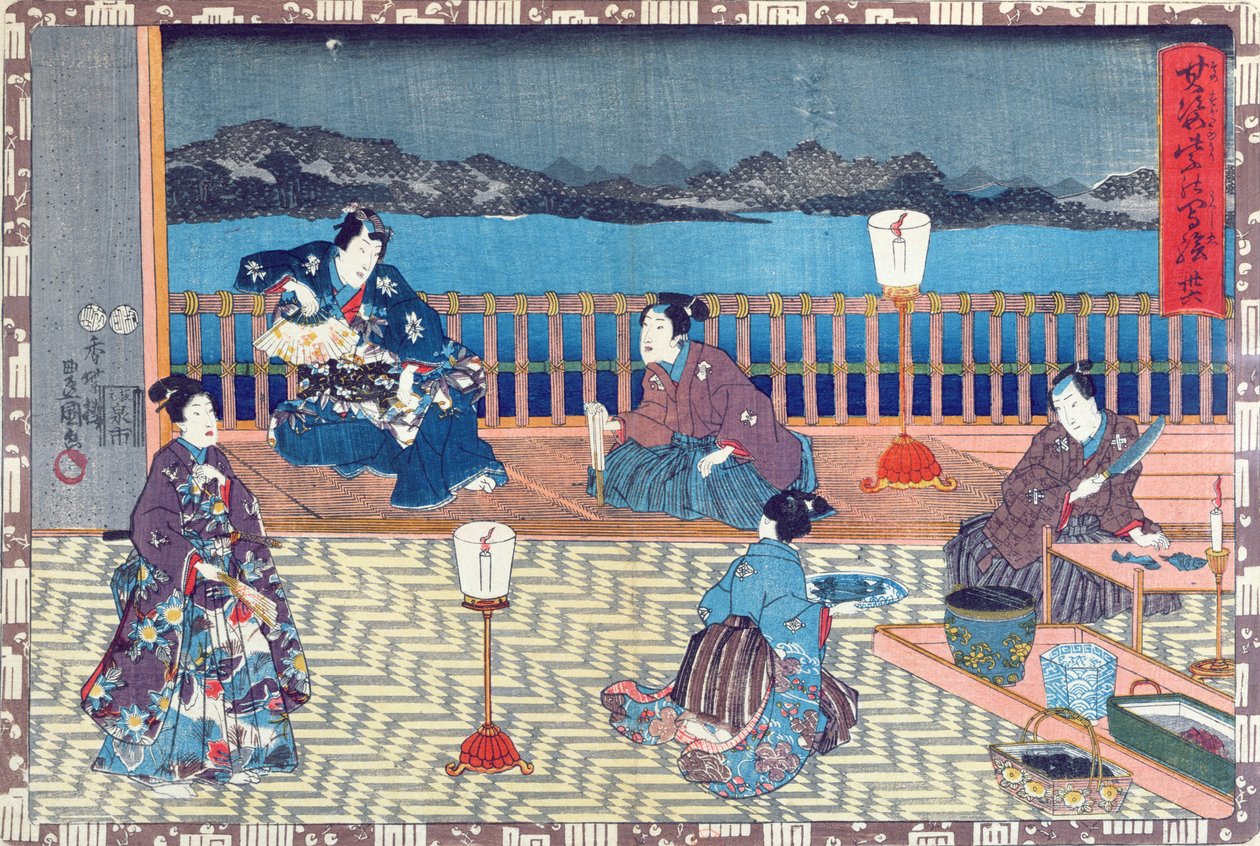 Preparando peixe (cor xilogravura) de Japanese School