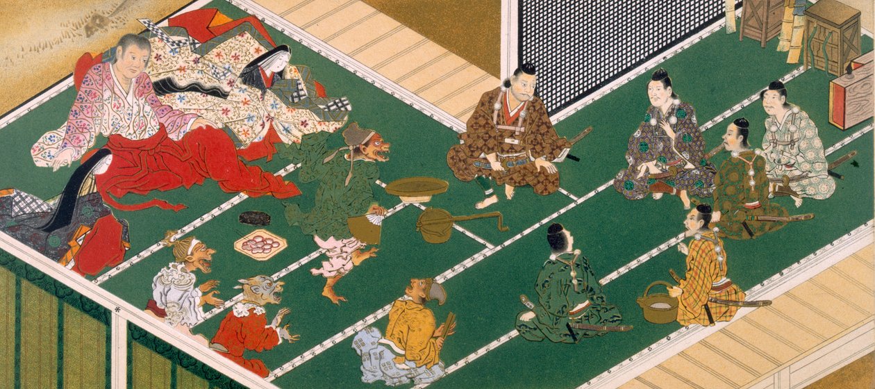 Raiko e seus camaradas antes do Demônio Ladrão (impressão xilogravura colorida) de Japanese School