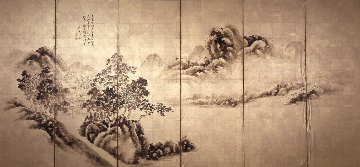 Recto: Landscape After Mi Fei, c.1810 (tinta sobre folha de ouro) de Japanese School