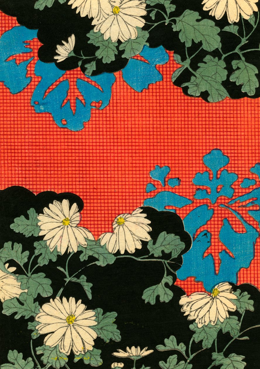 Desenho Vermelho e Preto com Margaridas de Japanese School