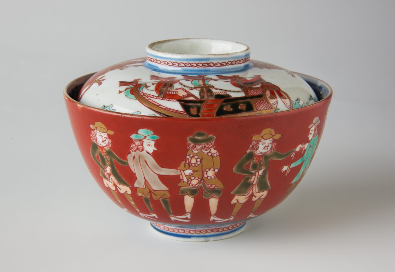 Tigela e tampa de arroz, possivelmente do século 19 (louça Ko-Imari, porcelana com azul sob o vidrado e esmalte sobre o vidrado) de Japanese School