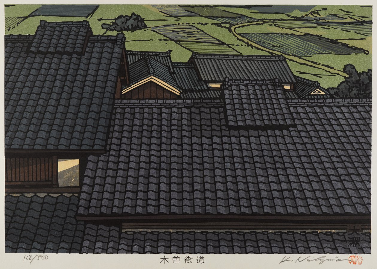Telhado da série Kisokaido (impressão de woodblock de cor) de Japanese School