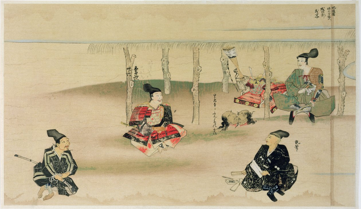 Samurai Takezaki entrega as cabeças de dois invasores mongóis a Adachi Morinume durante a invasão mongol do Japão em 1274, ilustração da revista Kokka, maio de 1921 de Japanese School