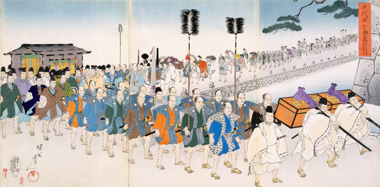 Guerreiros do samurai no março (impressão do woodblock da cor) de Japanese School
